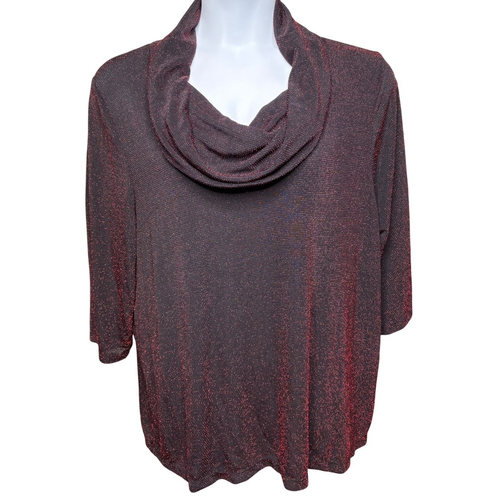 NWT CATHERINES Women Red Black Metallic Cowl Neck Blouse 1X Shimmer Glam Festive